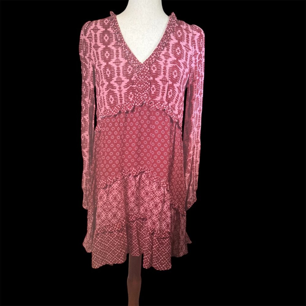 By Anthropologie Tiered V-Neck Boho Prairie Mini Dress XS Red Mixed Print NWT